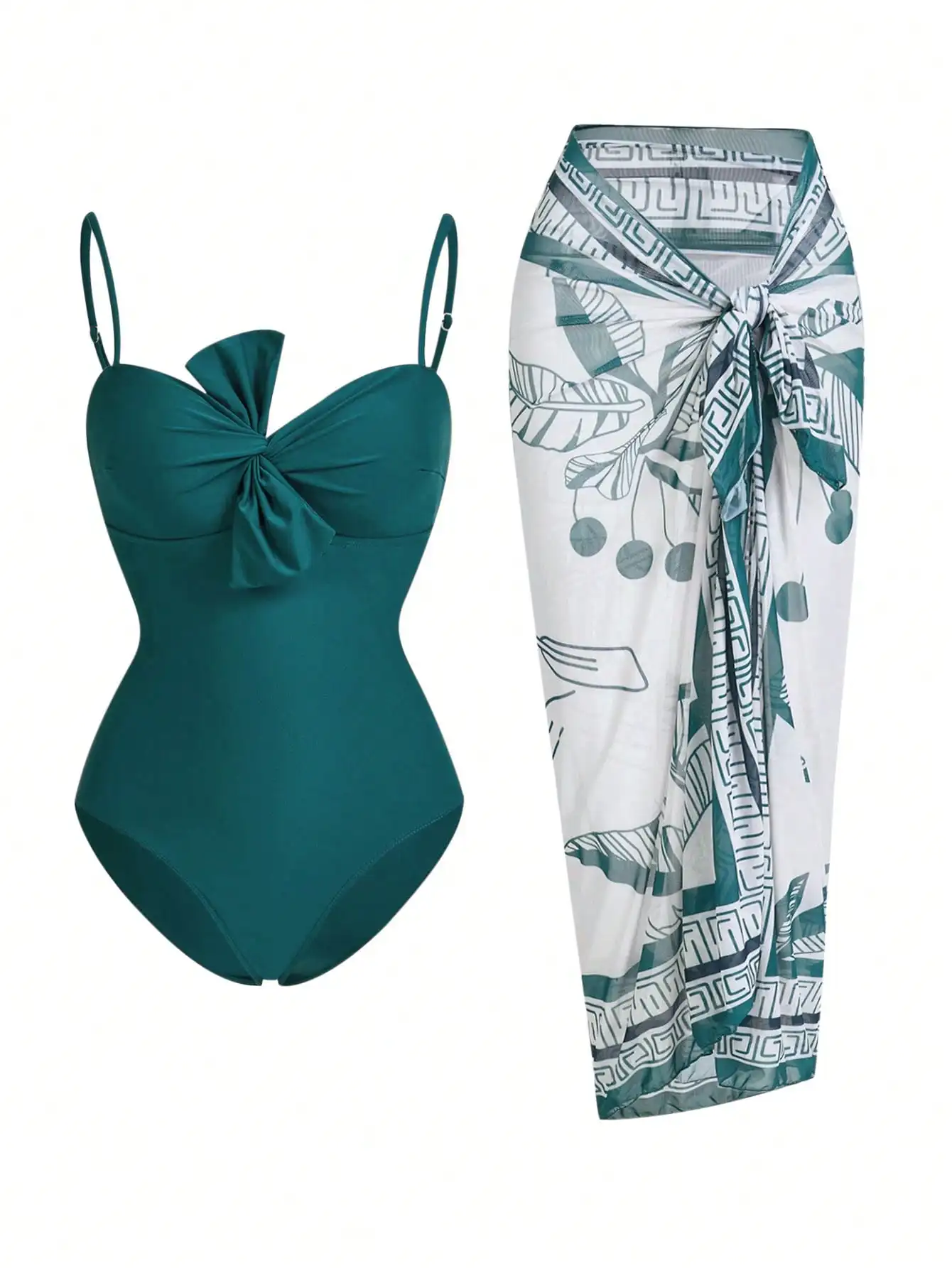 

Emerald Green Solid One-Piece Swimsuit Featuring Front Bow Detail Paired With Tropical Leaf Print Wrap Skirt For Summer
