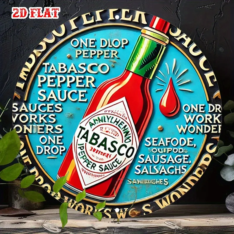 Letrero artístico de pared de Metal Vintage Tabasco Sauce, cartel de estaño de aluminio rústico redondo de 19,99cm con diseño rojo y azul atrevido, 1 ud.
