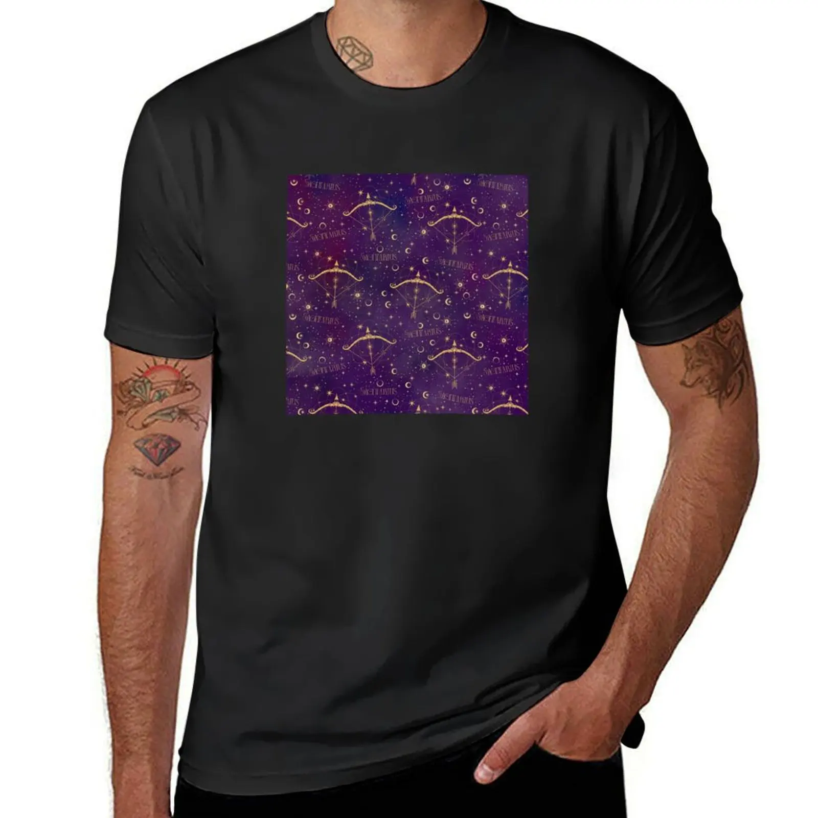 sagittarius zodiac sign pattern in golden yellow and purple background T-Shirt plus size tops graphics designer t shirt men