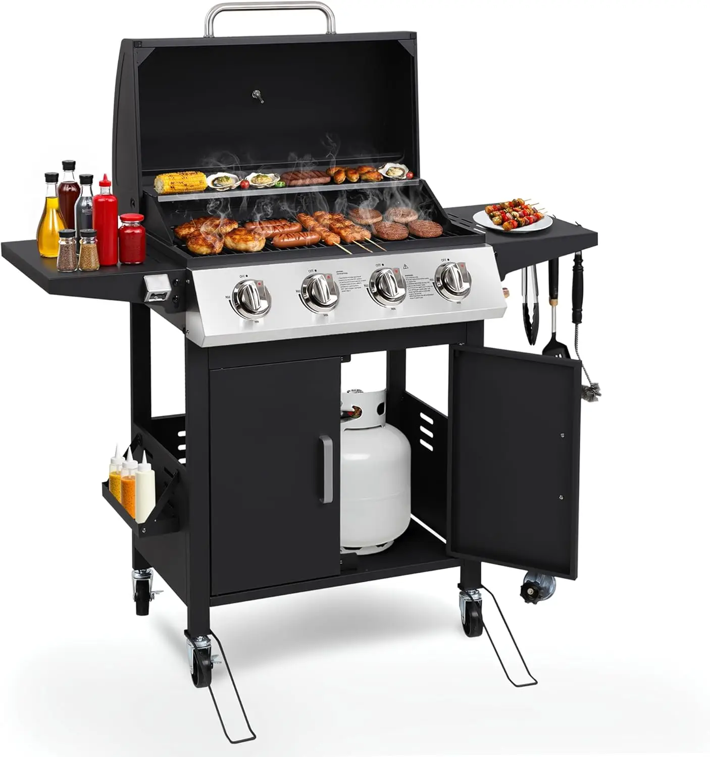 

Газовый гриль для барбекю на 4 конфорки с колесами, мощность 40 000 BTU, из нержавеющей стали, для приготовления на заднем дворе и на открытом воздухе, простое использование