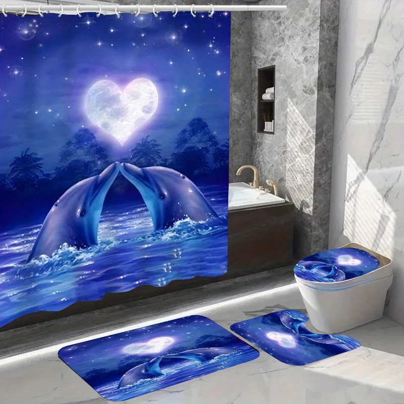 Waterproof Dolphin Shower Curtain Set with 12 Hooks, Woven Polyester Fabric, Fashion Theme, Dry Clean Only, Includes Anti-Slip B