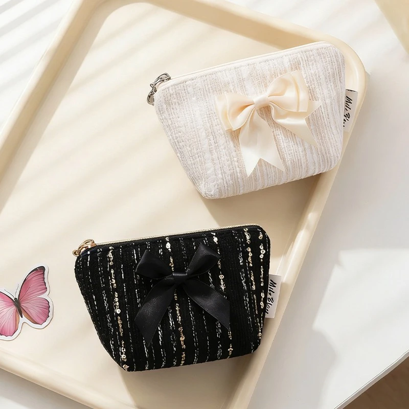 Elegant Tweed Bow Mini Cosmetic Pouch, Satin Bow Zipper Small Makeup Bag, Portable Coin Purse for Lipstick Cards Earphones