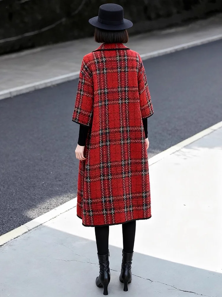 New Women Casual Red Plaid Woolen Coat Autumn Fashion Turn-down Collar Single Breasted Loose Wool Blended Coat Vintage Outerwear