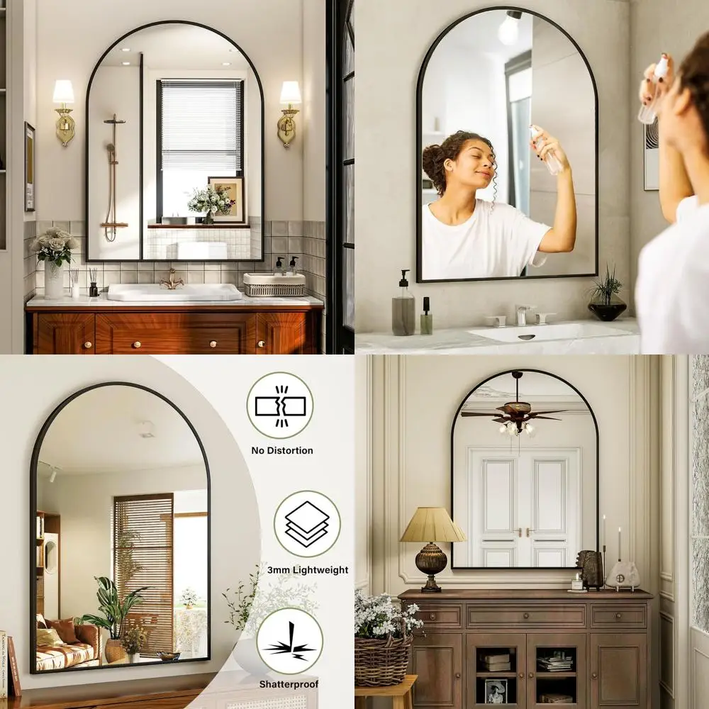 24x36 Arch-Shaped Wall Vanity Mirror with Black Metal Frame for Bathroom, Bedroom, and Living Room