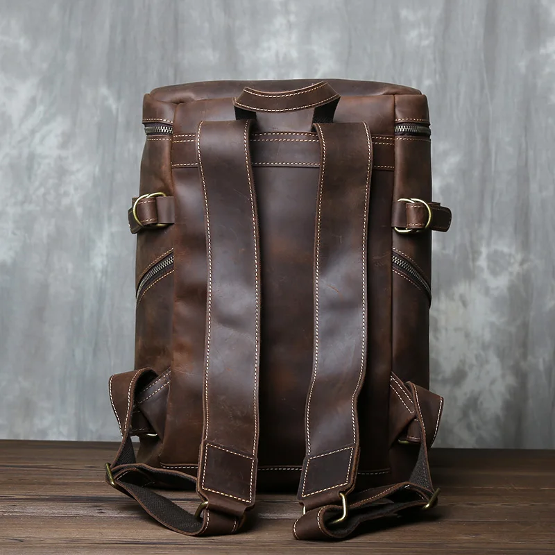 Sac à dos de style vertical en cuir de cheval pour hommes, sac d'ordinateur de voyage d'affaires, cuir de vachette, couche de tête, élan rétro, grande capacité