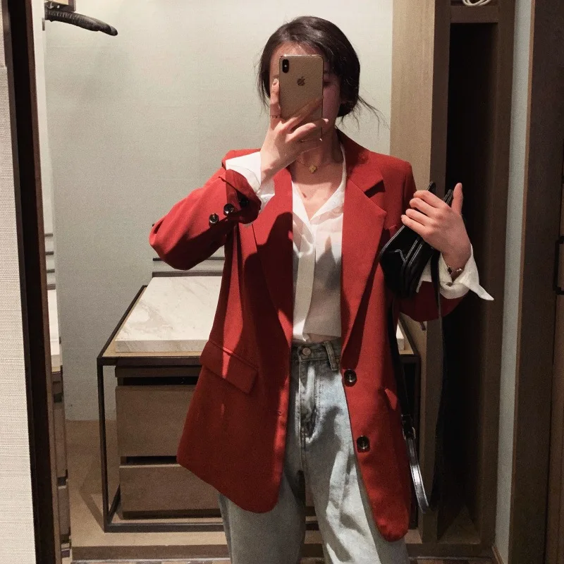 

Candy Red Casual Office Blazer 2024 Women Korean Fashion Solid Colors Single Breasted Commute Blazer New Hot Sale Work Clothing