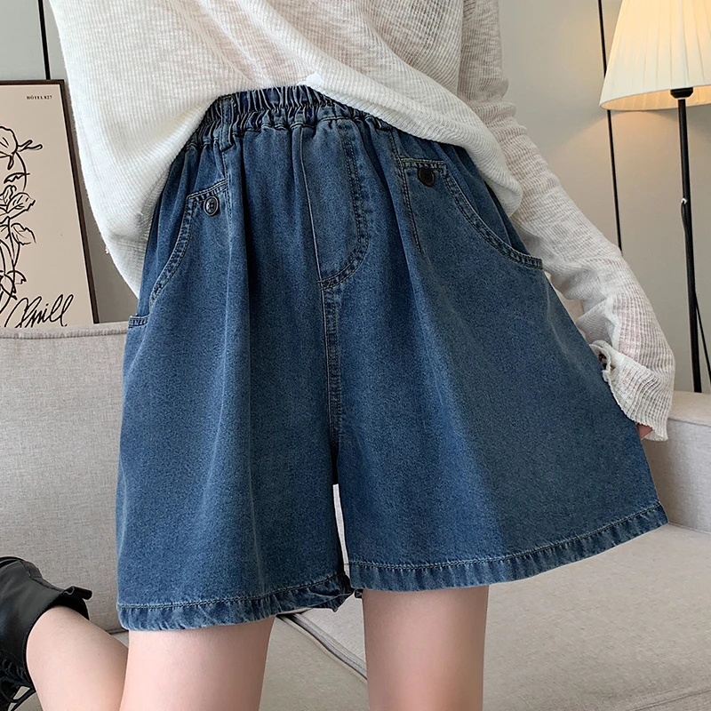 New 2024 Summer Plus Size Denim Shorts For Women High Elastic Wasit Wide Leg Loose Blue Jean Short Women Streetwear Half Jeans