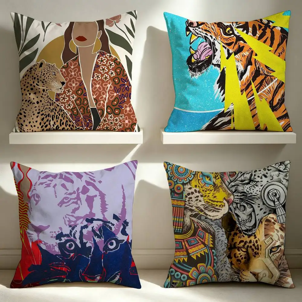 Egypt Colorful Abstract Tiger And Leopard  Square Double-Sided Printed Pillow Case Sofa Cushion Cover Bedroom Bedside Decor