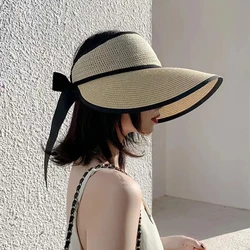 Sombreros de paja con Cinta ajustable para mujer, sombrero de playa de ala ancha plegable, tapa de protección UV, novedad de verano