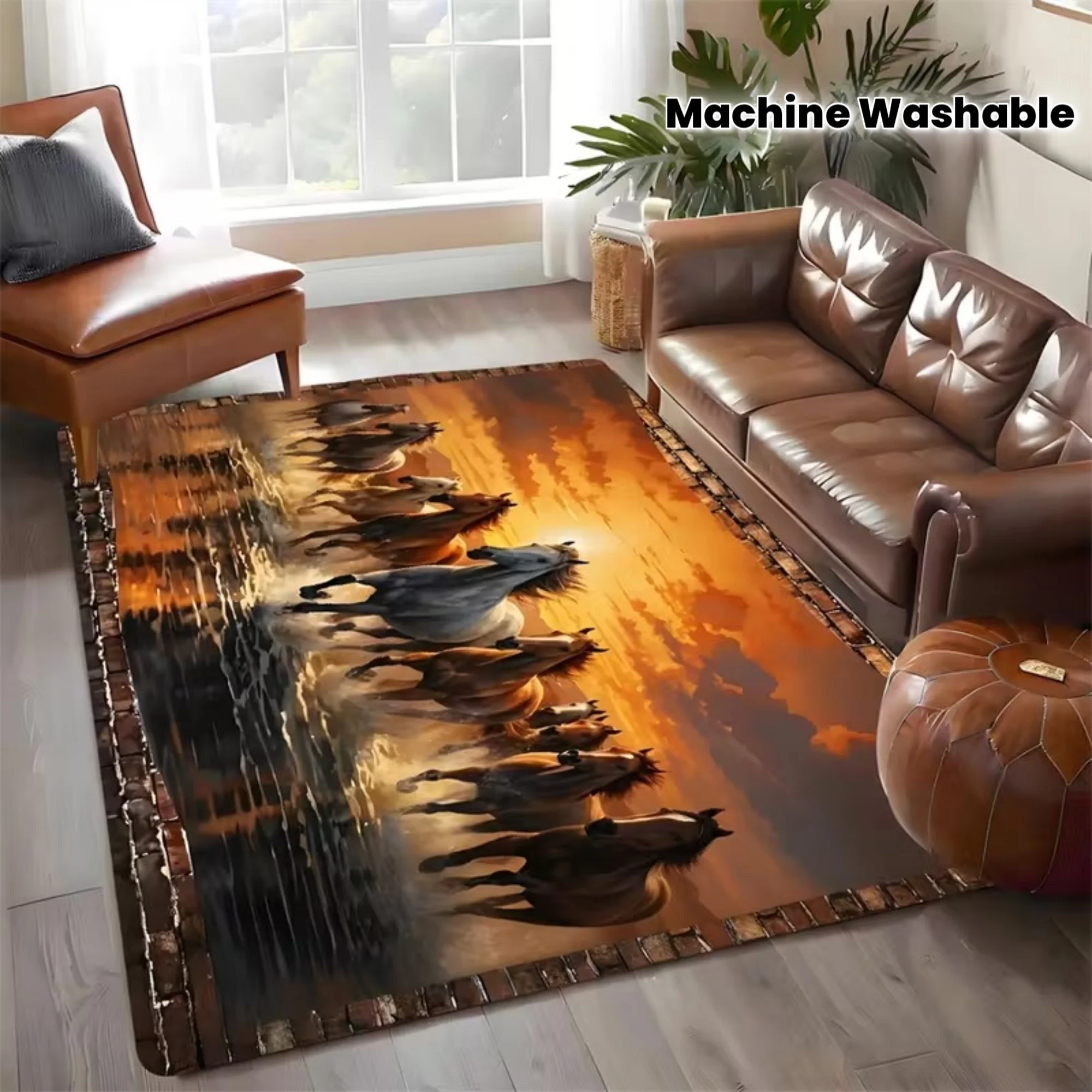 1pc Herd‑of‑Horses‑Sunset‑Print Large Area Rug, Rectangular Machine‑Washable Non‑Slip Floor Mat for Living Room