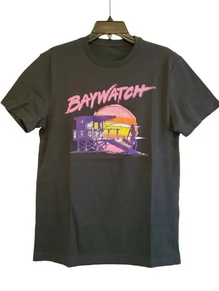 New Baywatch Pink Logo Mens Medium Lifeguard TV Show Bleeth Anderson Black Tee