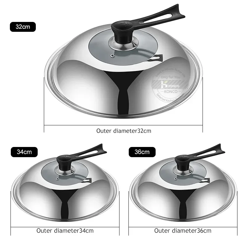 Glass Lid 30/32/34/36cm Compatible with Wok Pan,Stainless Steel Replacement Cover,Oven Safe for Skillets Pans Universal Cookware