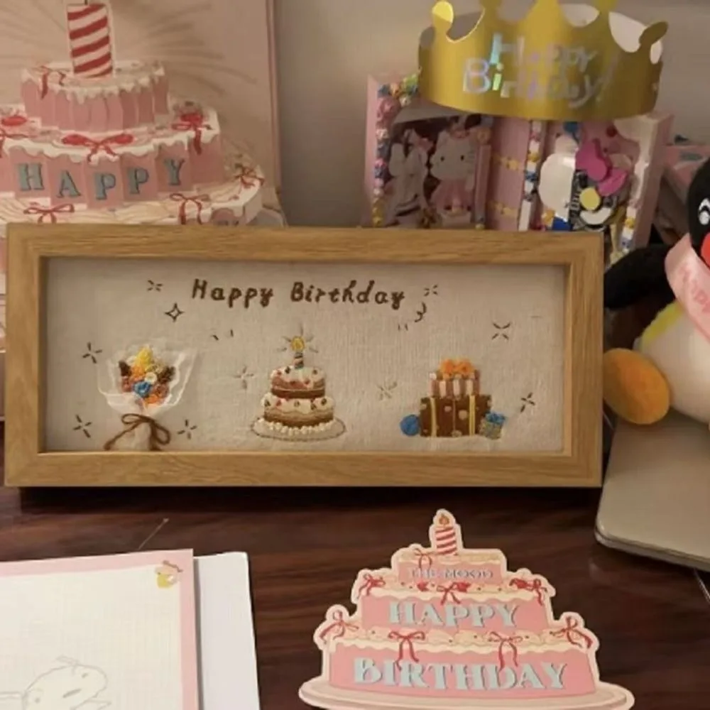 Happy Birthday Pre-Printed Pattern DIY Embroidery Craft Kit Wooden Frame Creative Embroidery Photo Frame Complete Set
