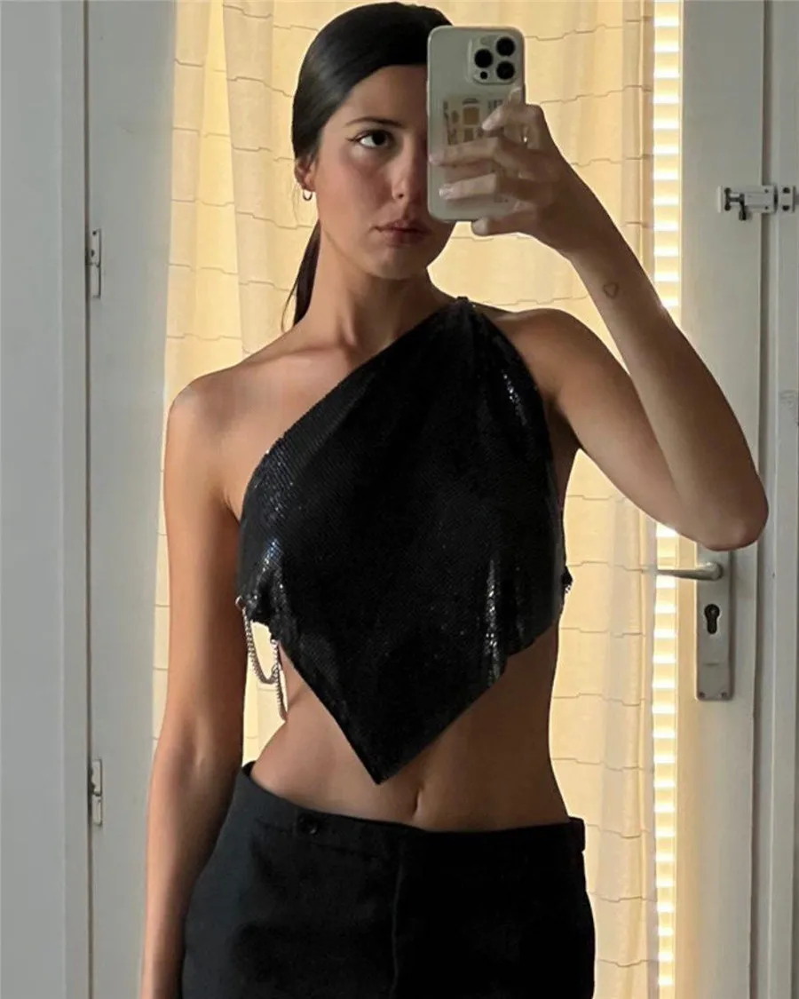 Glitzerndes Metall-Pailletten-Tanktop mit einer Schulter, Y2K, sexy, rückenfrei, seitlich geteilt, metallische Kette, bauchfreies Top, Rave-Festival-Party-Unterhemd