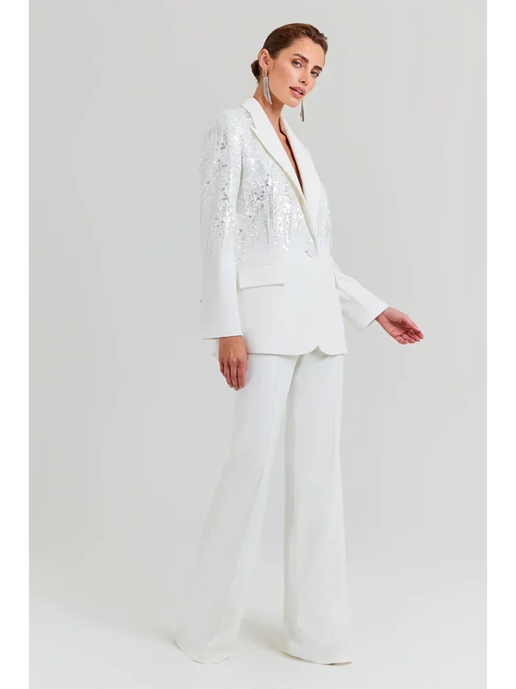 Sexy White Blazer Two Piece Set Women Long Sleeves Sequins Blazer + Flared Pants Party Runway Evening Outfits