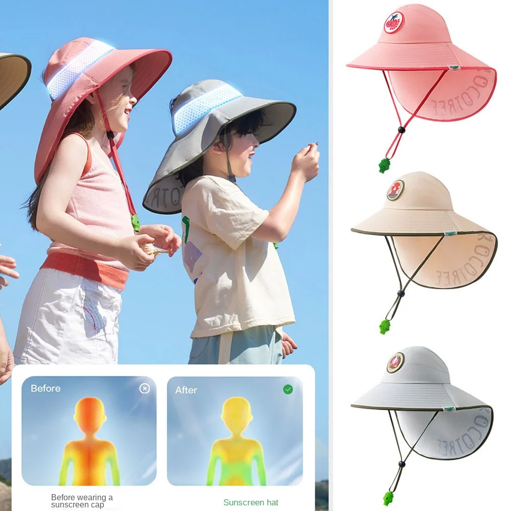 

Sun-Shade Fisherman Hat Children's Sun Protection Hat with Whistle Camping Alpine Cap Beach Hat Adjustable with Cape