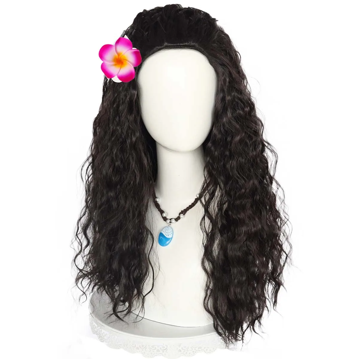 Halloween Party Props Moana Cosplay Long Curly Wig with Plumeria Flower