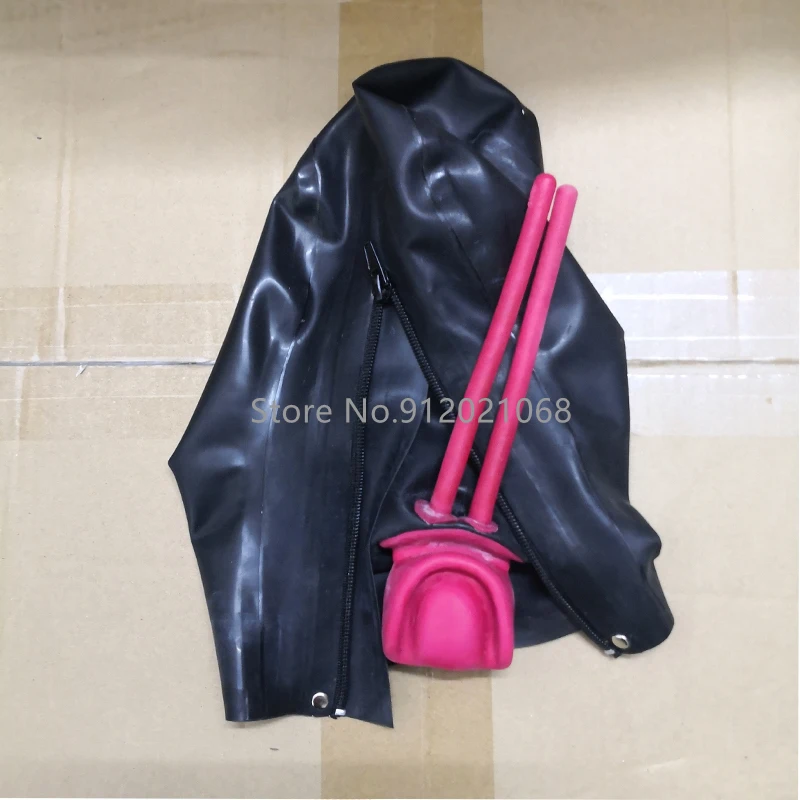 Latex Rubber Hood with Long Nose Tube Teeth Gag Mini Eye Hole Back Zip Handmade Fetish Mask for Men Women (Open Mouth Type)