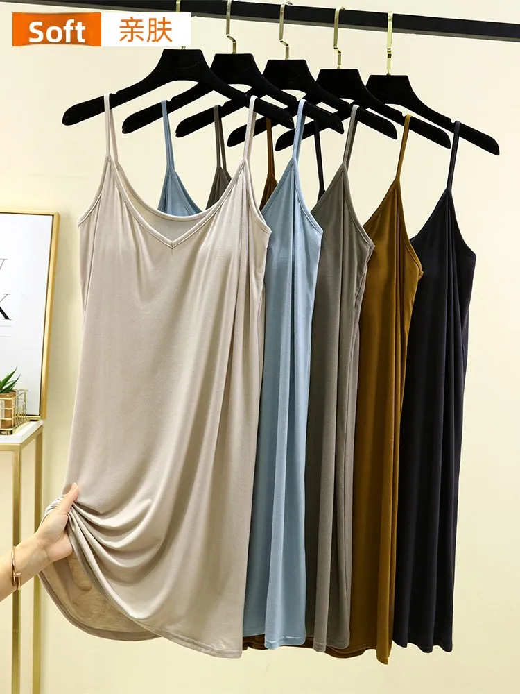 

Large Size Modal Sp Dr Women's Summer Thin Vest Top Svel Long Dr V-Ne Home Clothes Comfortable Nightgown