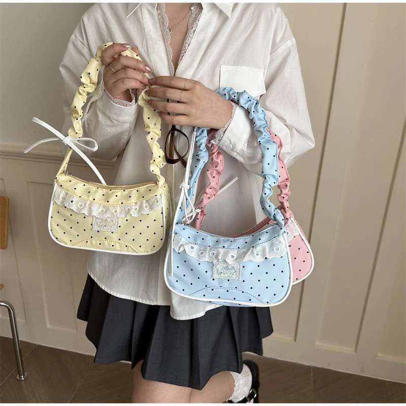 Gepunktete Spitzen-Rüschen-Unterarmtasche Süße Kleine Schultertasche mit Gerafftem Griff Hobo-Handtasche Damen Y2k Mini Quadratische Reißverschluss-Handtasche mit Schleife – Detail 5
