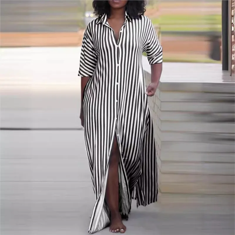 Elegant Women's Half Sleeve Split Maxi Dress 2024 Summer Fashion Loose V-neck Long Black Striped Shirt Dress  Vestidos Elegantes