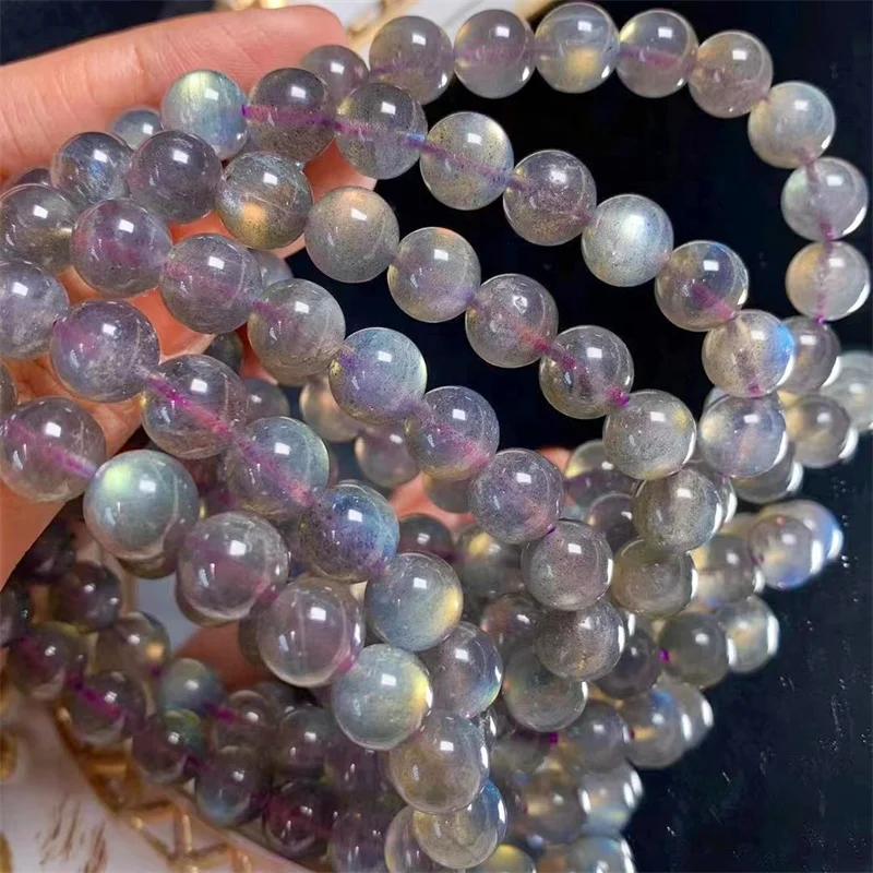 9MM Natural Purple Labradorite Bracelet Women Round Energy Beads Lucky Elastic Healing Bangles