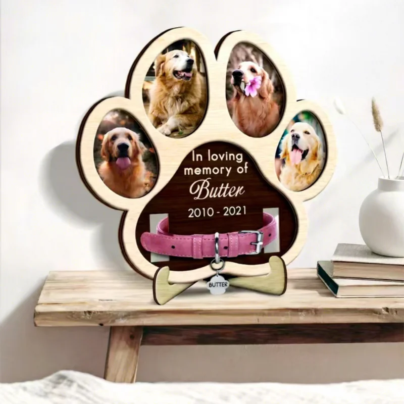 Paw Shaped Wooden Pet Memorial Photo Frame Multi-Picture Remembrance Gift for Dog Cat Loss Portable for Desktop & Car