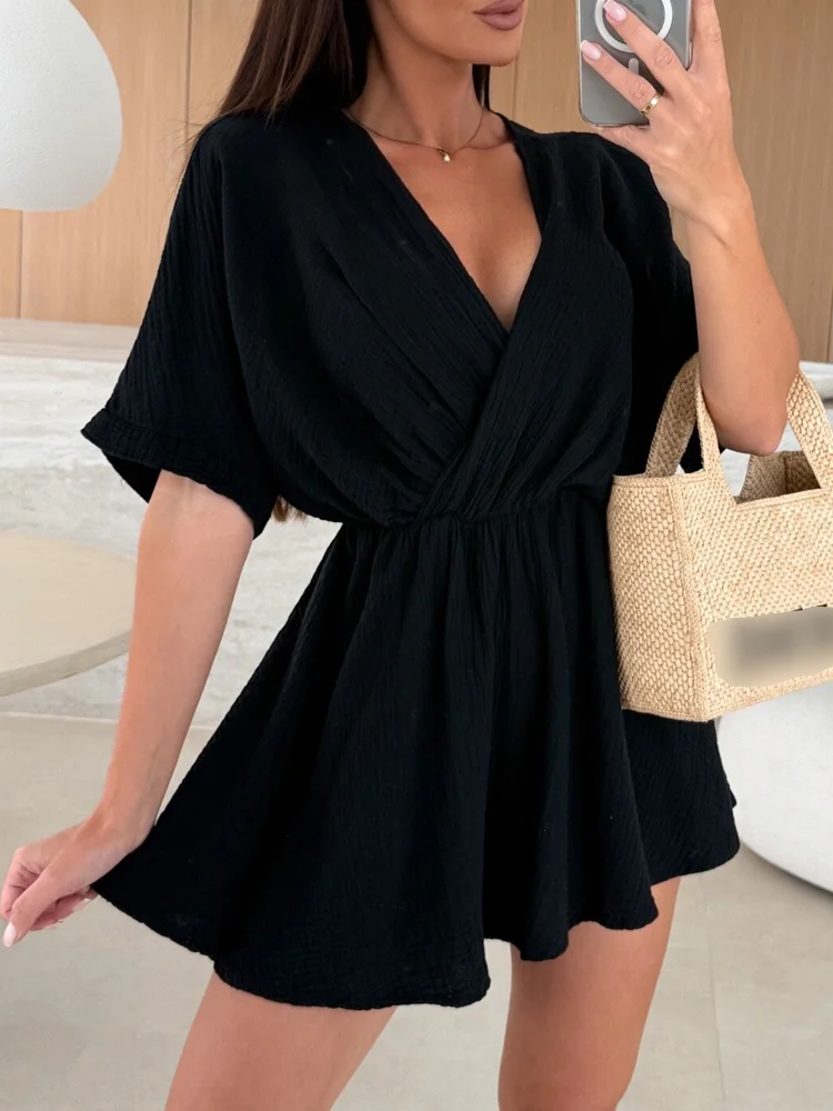 

New Fashion Short Sleeve Women Playsuits Summer Casual V Neck Short Jumpsuit Woman Summer Rompers Clothes Ropa De Mujer