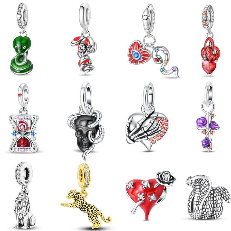 New 925 Silver Lion Cheetah Cobra Skull Heart Gothic Element Charms Beads Fit Pandora Original Bracelets DIY Jewelry Gift ﻿