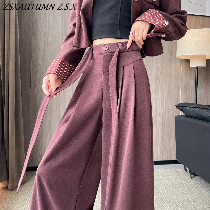 Pantalones de pierna ancha con tirantes de lana para mujer, traje grueso de cintura alta, pantalones informales, pantalones elegantes ajustados a la moda para otoño e invierno