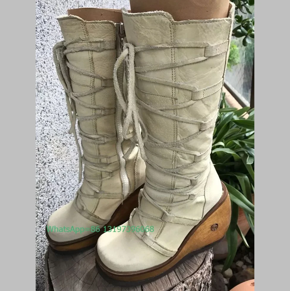 Lady Vintage Lace-Up Squre Toe Knee Boots Wedges Heel PU Footwear Causal Office Lady Size New Arrive Runway Punk Y2K Style Boots