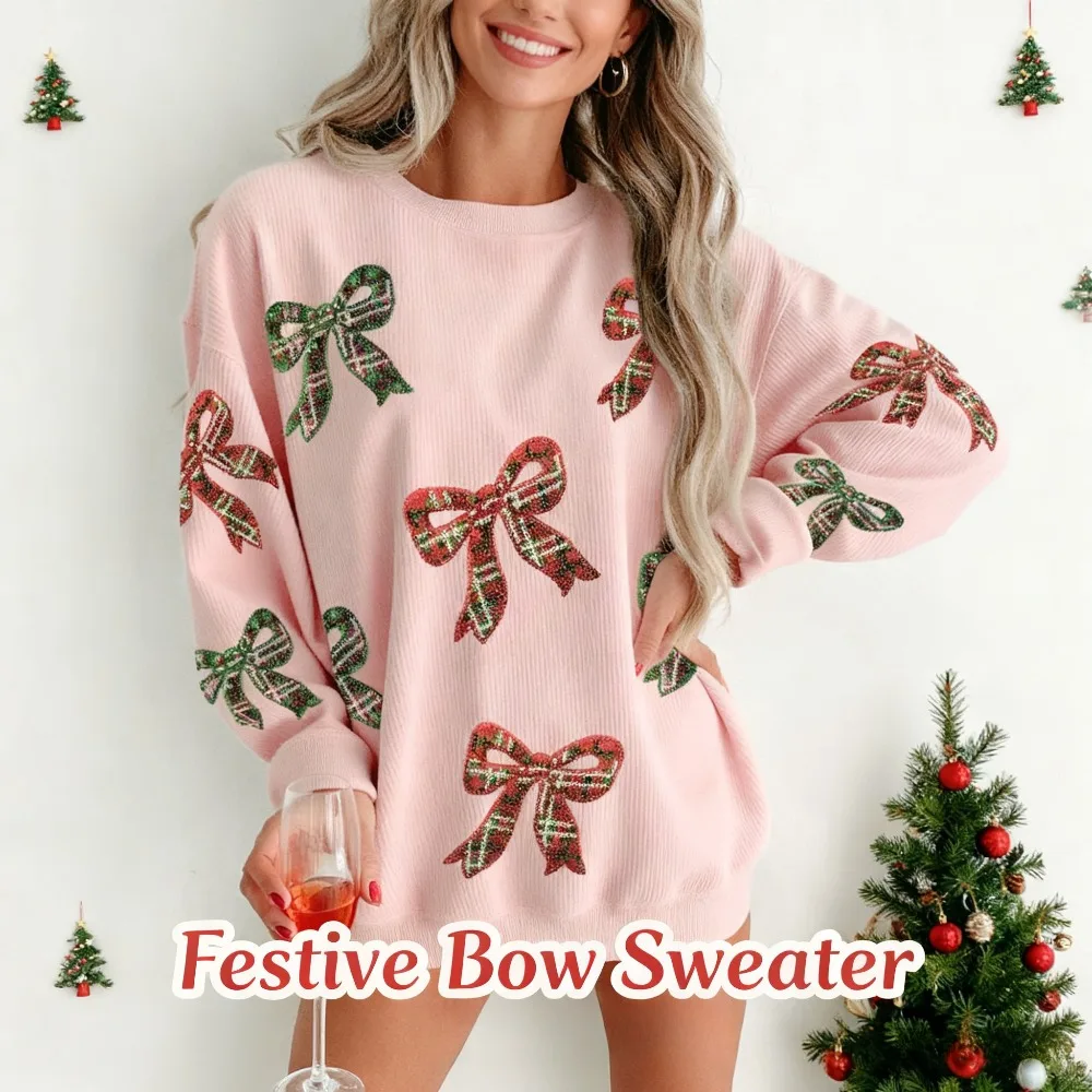 

Женская осенне-зимняя рождественская толстовка на День святого Валентина с бантом и круглым вырезом, свободная посадка, универсальная для повседневного свидания