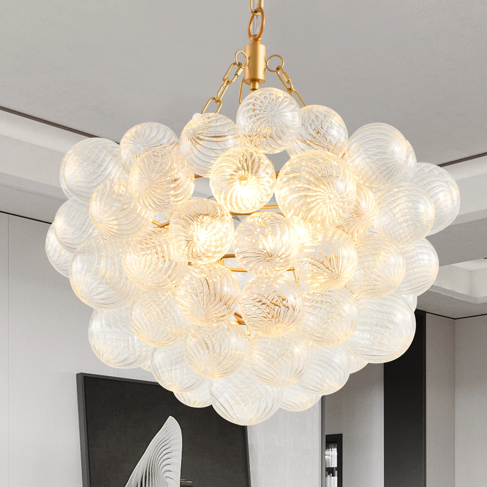 20-Inch Gold Pendant Light Chandelier with Threaded Clear Glass Globe Shade  Adjustable Height (No Bulbs)