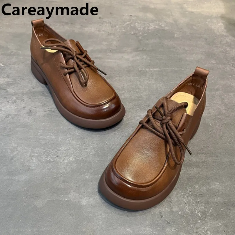 Careaymade-Genuine Leather Women's Shoes Autumn New Lefu Shoes   Soft Sole Lace up Soft Leather Comfortable Cowhide Women Shoes