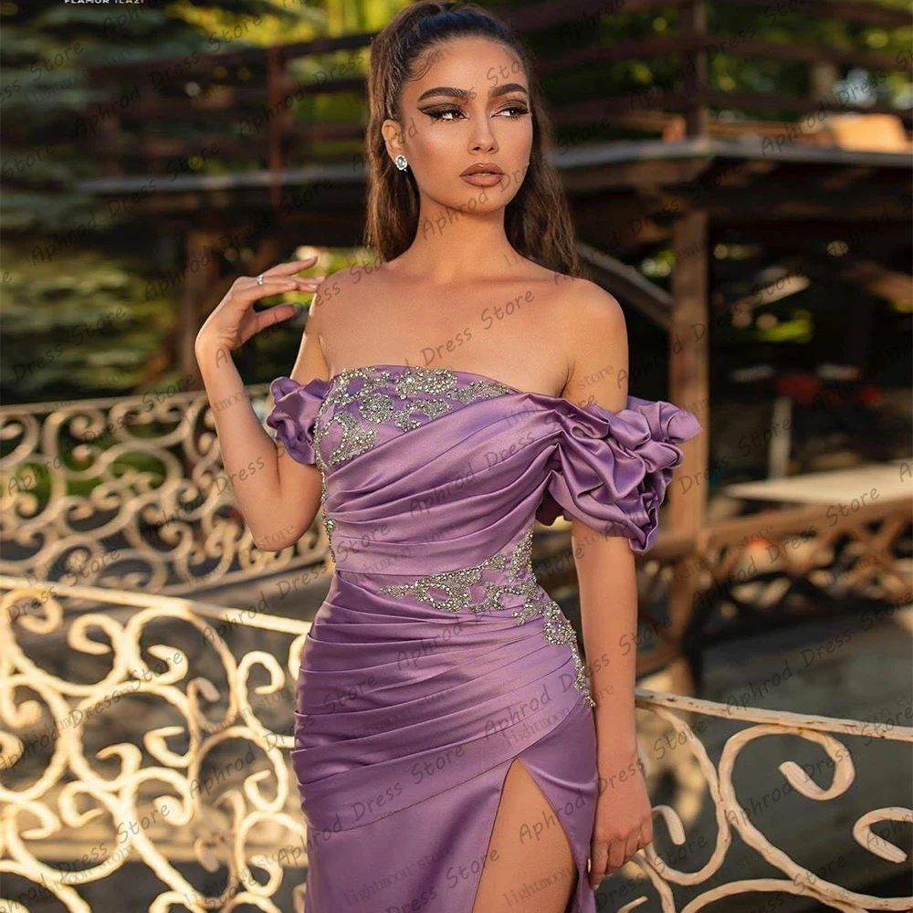 Vintage Evening Dresses Gorgeous Prom Dress Boat Neck Sheath Mermaid Beading Appliques Sexy Robes High Slit Vestidos De Noche