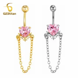 G23titan 6-16mm Exquisite Pink Zircon Heart With Long Chain Navel Ring Surgical Titanium Steel Rod Piercing Belly Button Jewelry