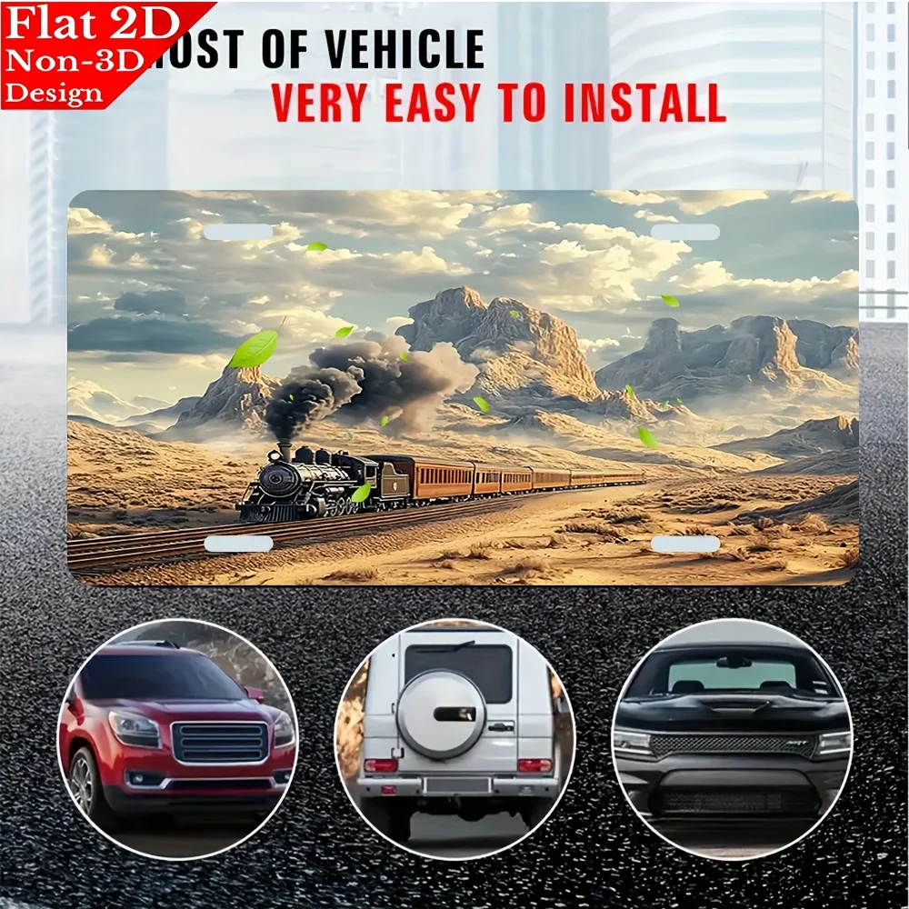 A 2D Flat Aluminum License Plate Featuring a Steam Train Traveling Through Mountains, Measuring 6X12 Inches. It Has Scratch-Resi