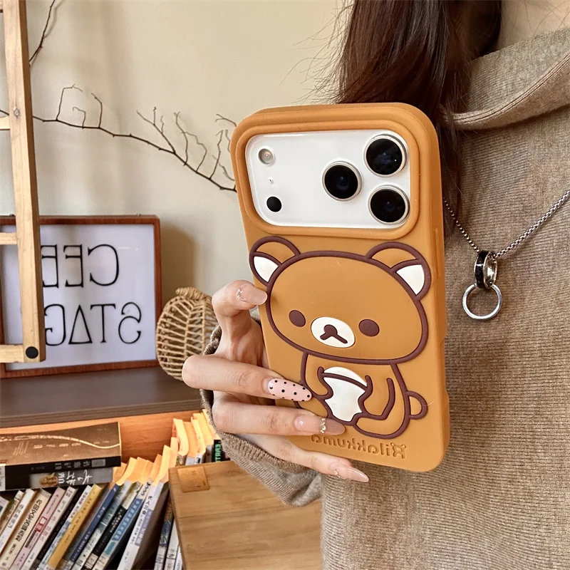 

Korea ins pop Cartoon Bear 3D Case For iphone 17 pro max silicone Soft covers + ring rope for iphone 16 15 14 12 13 pro max 15PM