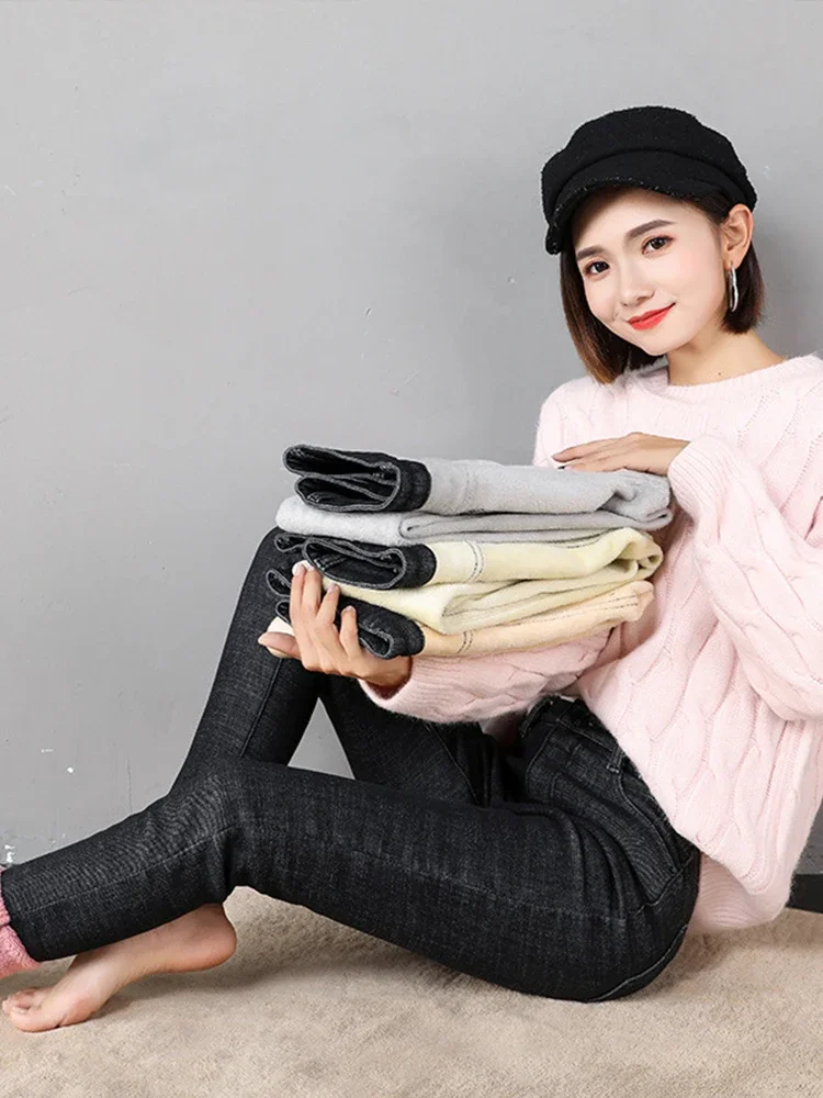 Dames dikke hoge taille jeans stretch skinny potloodbroek vrouwelijke denim broek, wintermode