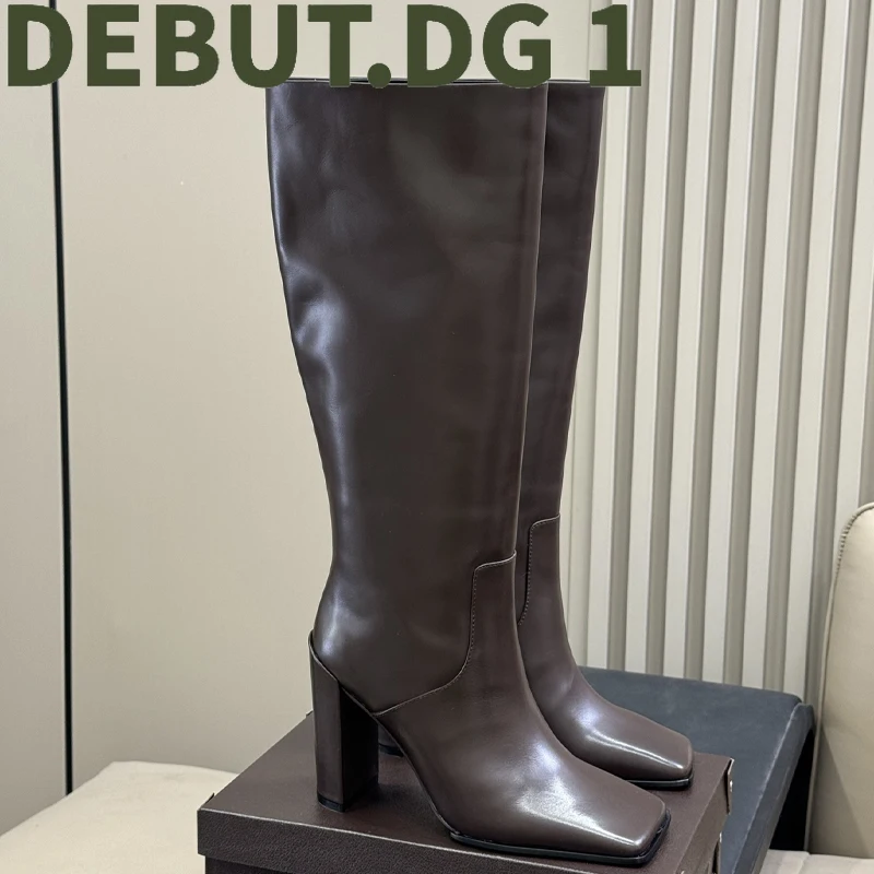 Premium Square Toe Black Thigh High Boots Genuine Leather Over The Knee Boots Chic Comfortable Versatile Women's Boots