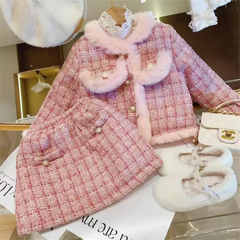 

Baby Girl Elegant Princess Tweed Clothes Set Child Fur Plaid Jacket+Skirt 2PCS Winter Cotton Warm Suit Outfits Baby Clothes1-10Y