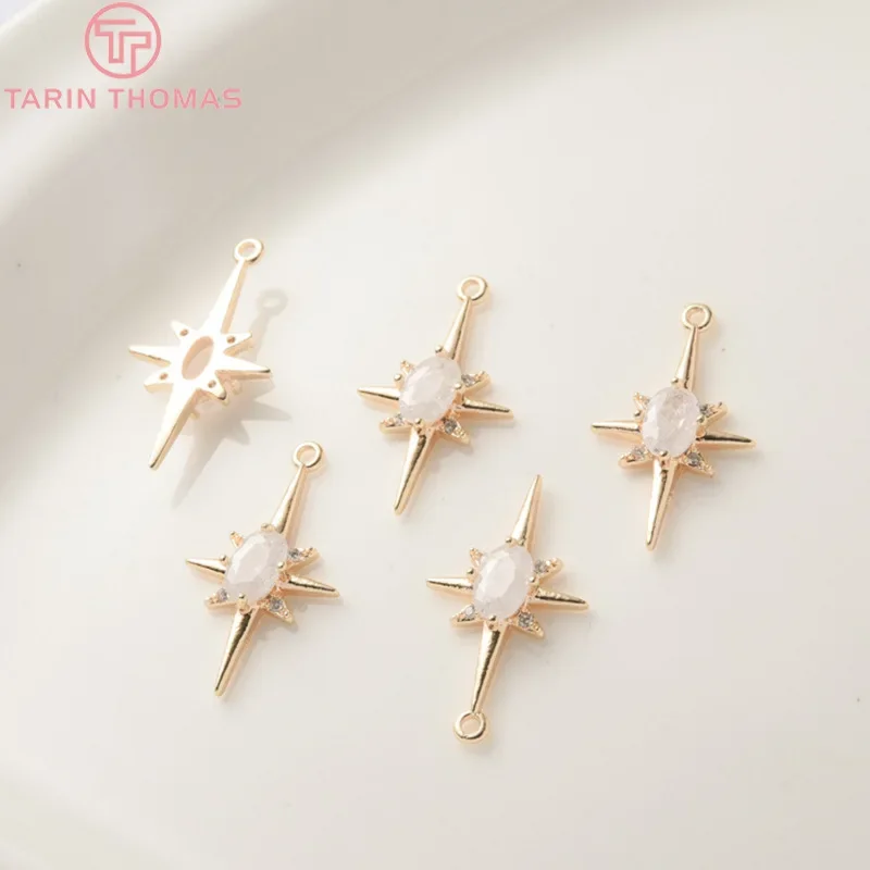(1133)4PCS 24K Gold Color Plated Brass with Zircon explosion Six-star Charms Pendants High Quality Jewelry Accessories Wholesale