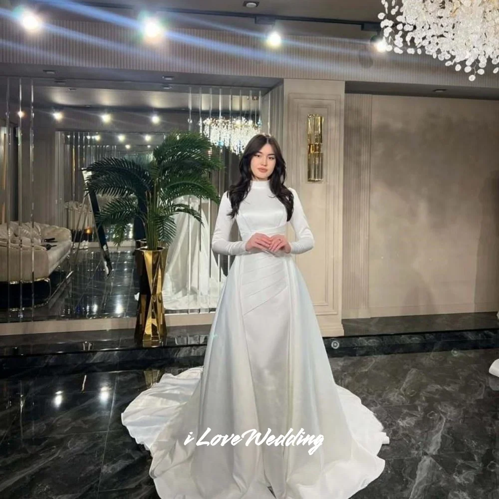 Simple High Neck Wedding Dresses 2025 Long Sleeve Mermaid Trailing Arabic Bridal Gowns Muslim Dubai Simple Pleated Customized