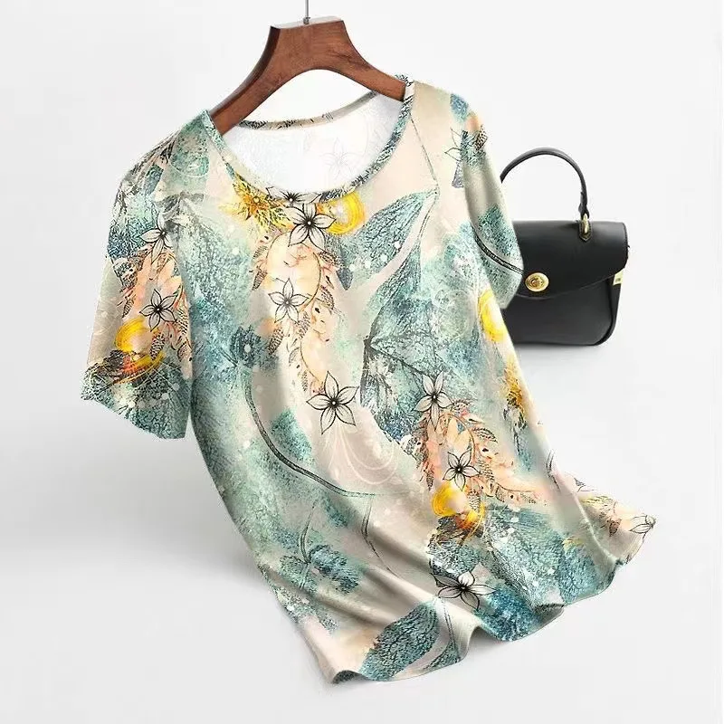 Ladies Ice Silk T-shirt Summer New Large Size Women's Base Shirt Round Neck Printed Jacket