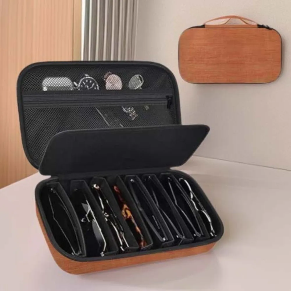 Dustproof Sunglasses Storage Box Inner Mesh Pocket Fabric Carry Handle EVA Hard Glasses Case Multi Grid Divider Hard Shell