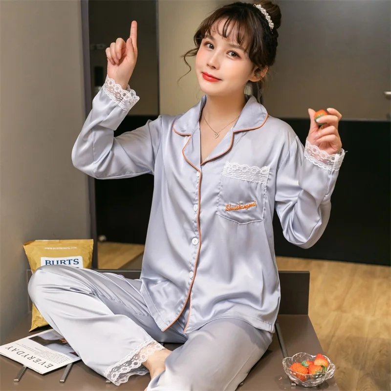 New Satin Silk Sleepwear 2pcs Pajamas Set for Women Sexy Pajamas Female Single-Breasted Long Sleeves Lace Pants Trouser Suits