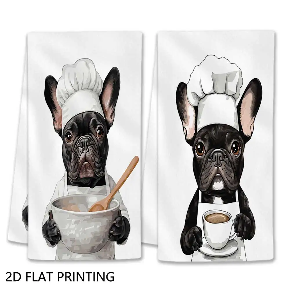 Jit 2pcs French Bulldog Chef Pattern Dish Towels For Dog Fans Kitchen Cooking Decor