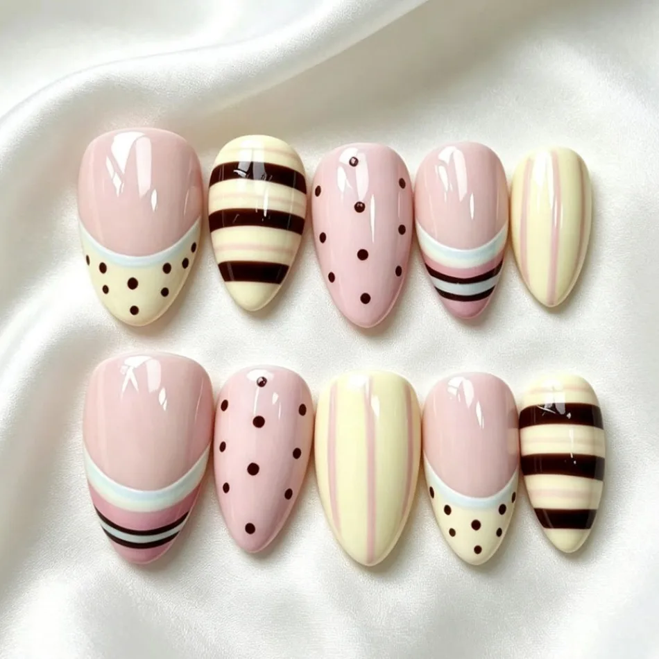 Press On Nails Pastel‑toned Pink Yellow Contrast Polka Dot Striped Hand‑drawn Oval False Nails Reusable Girl Daily Manicure JT3