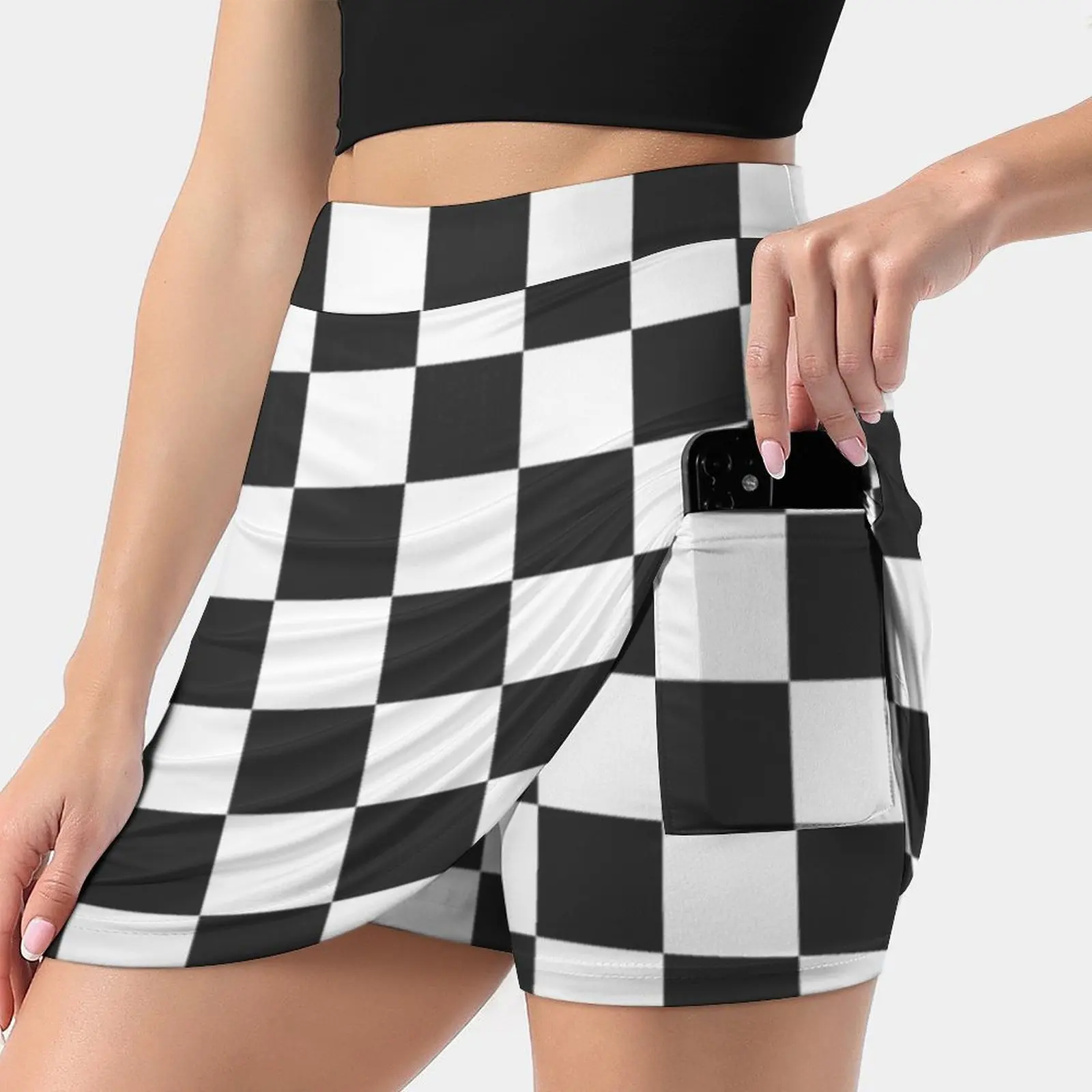 A Black And White Checkered Design New Women Skirts Double-Layer Printed Short Dress Mini Sport Skirt Black And White Dark