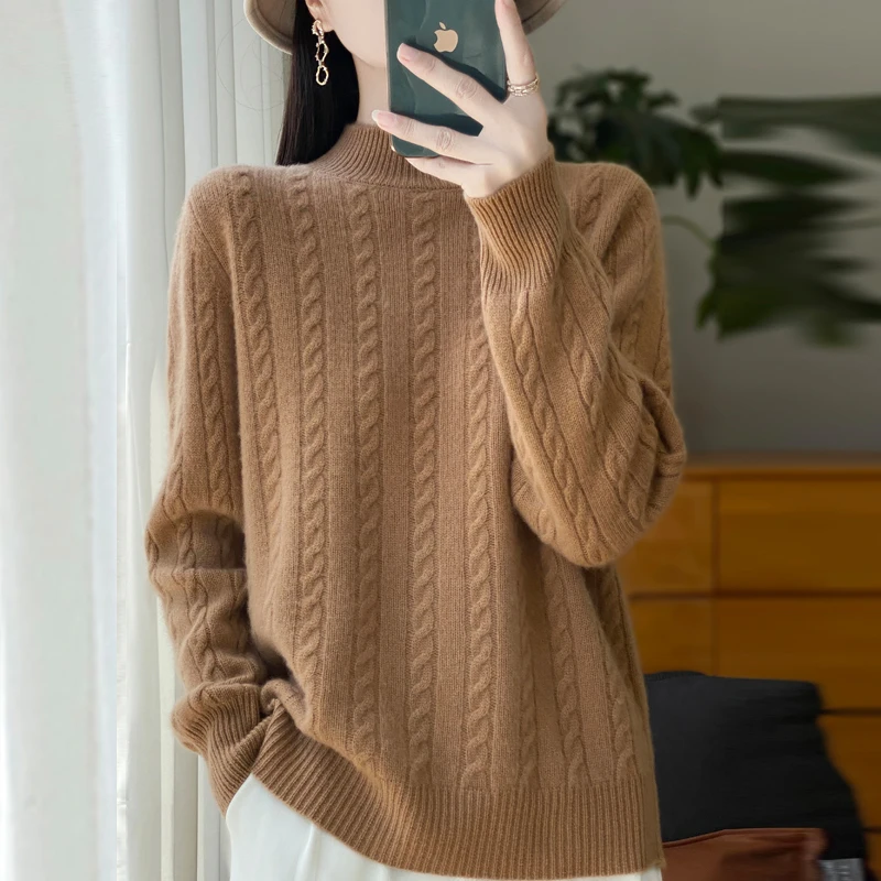 Autumn Winter Women Sweater Turtleneck Mock Neck Long Sleeve Knitwear Embroidery Pullover Half height collar Top Female clothing